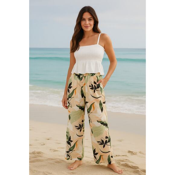 Nicole Miller Tropical Linen Blend Pants Size M Ruffle Waist Straight Leg Travel - Picture 1 of 11